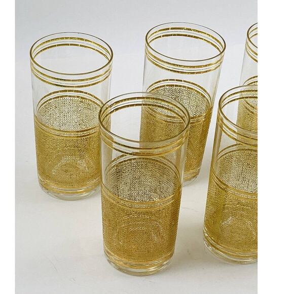 Set of 7 MCM Vintage Culver High ball Cocktail Glasses Tumblers Gold Band Bottom - Picture 3 of 10